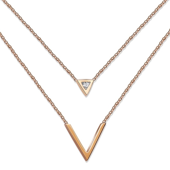 Rose Gold Initial V Multi Layers Necklace, Pendant - Picture 3 of 4